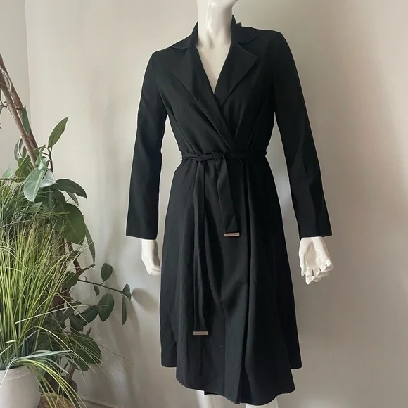layefe wool blend Black Long Sleeve Belted Coat open - Picture 5 of 8